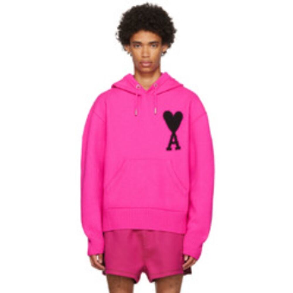 AMI Paris Pink Logo Black Intarsia Knit Cotton Wool Hoodie Pullover Sweatshirt